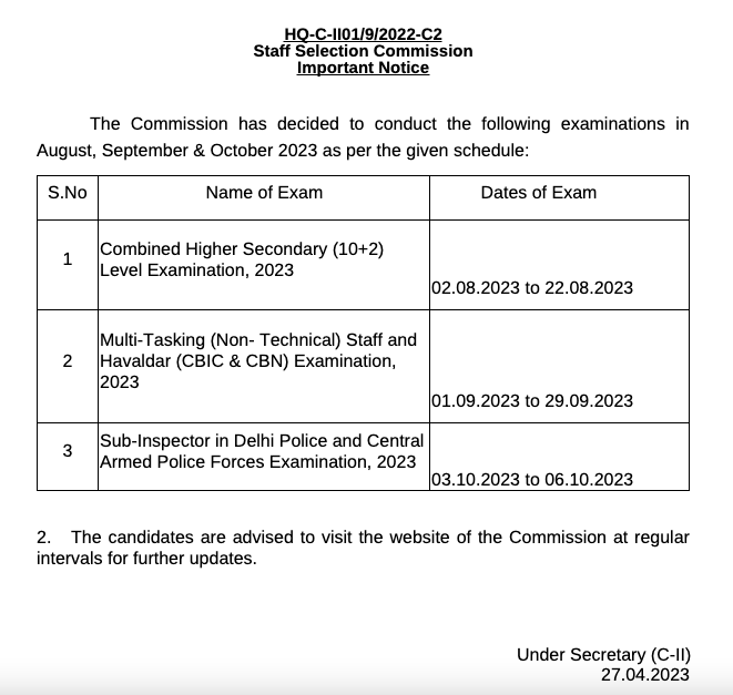 SSC Exam 2023 Time Table 