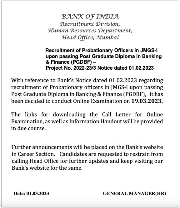 Bank of India Bharti admit card exam date