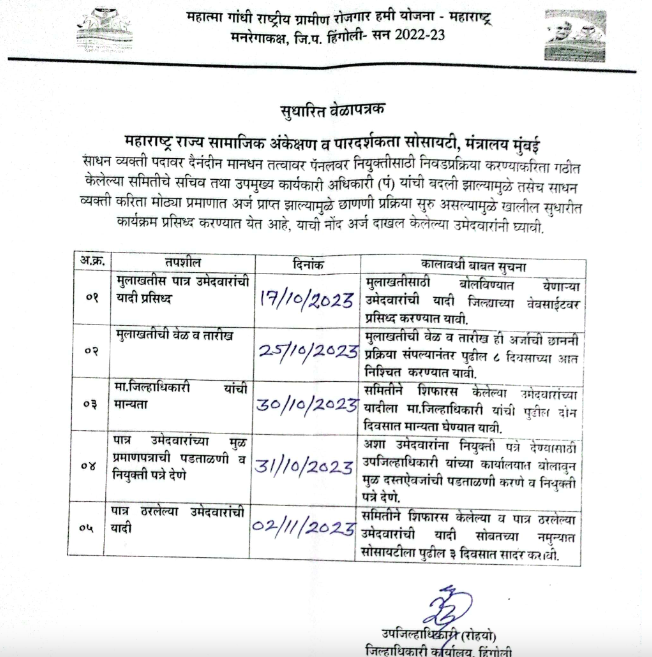 MNREGA Hingoli Bharti revised timetable