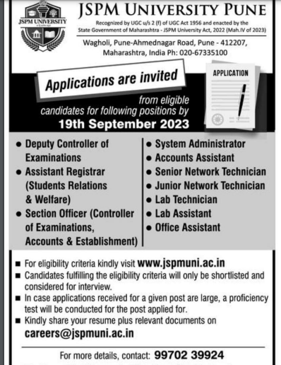 JSPM Pune Recruitment 2023